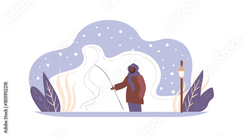 Mystical winter spirit guides a lone fisherman through swirling snow and icy waters evoking a sense of adventure and resilience in the harsh cold