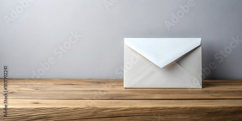 A pristine off-white envelope rests on a rustic wooden surface against a muted grey wall, symbolizing a message waiting to be read