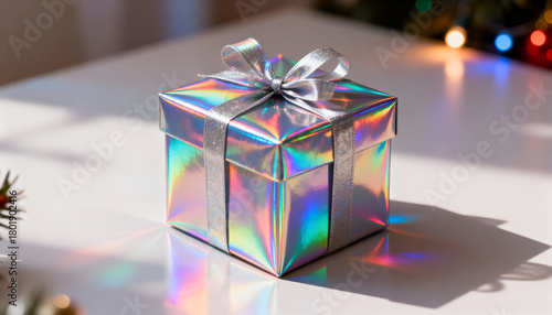 Holiday gift box with holographic texture reflecting rainbow lights. Trendy modern design.