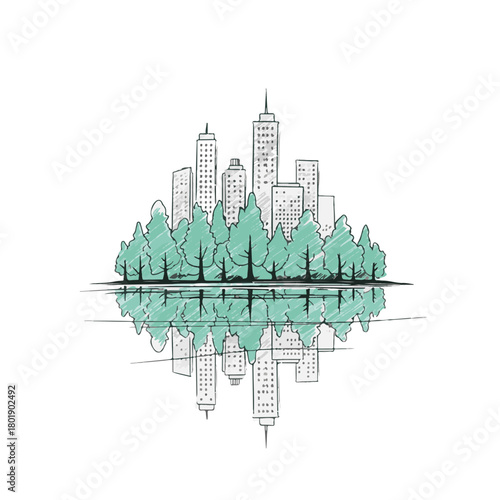 Urban skyline reflected in serene lake surrounded by trees  