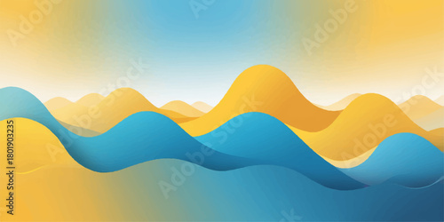 Abstract vector illustration of a summer sunset landscape with orange desert mountains, a blue sky, and clouds over the ocean waves
