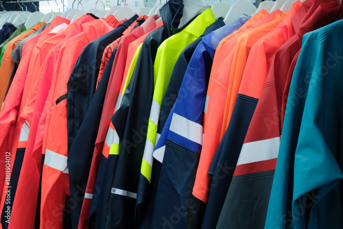 Multi-colored industrial protective clothing for work in extreme, harmful, aggressive conditions hangs on hangers on a stand.