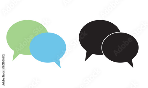 Two overlapping speech bubbles icon. Two pairs of overlapping speech bubble icons, one in green and blue and one in black, ideal for messaging, communication, and UI design themes.
