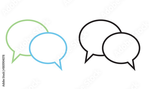 Two overlapping speech bubbles icon. Two pairs of overlapping speech bubble icons, one in green and blue and one in black, ideal for messaging, communication, and UI design themes.

