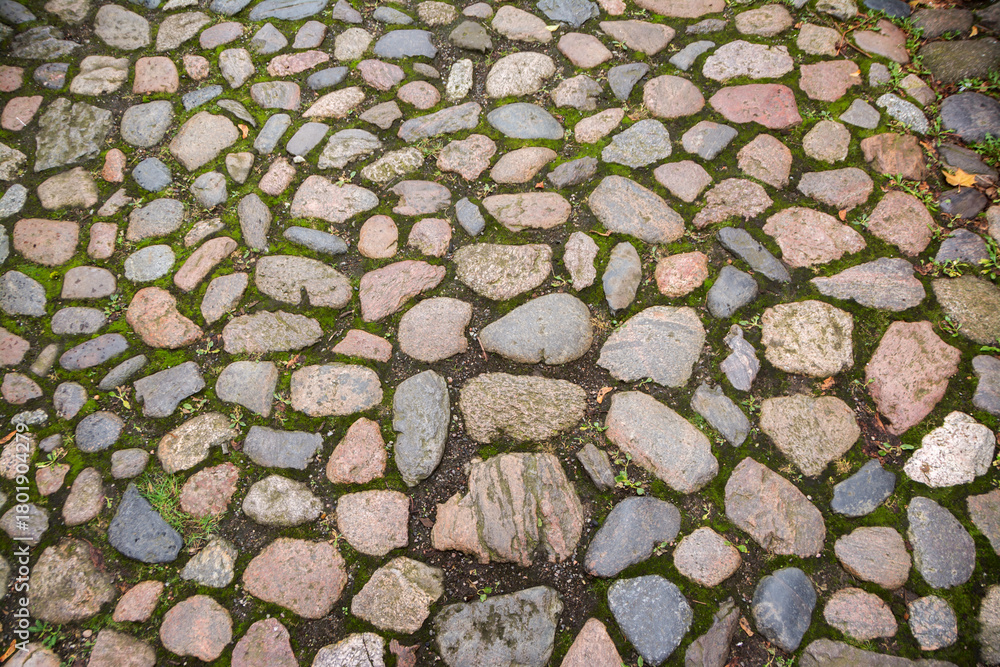 Fototapeta premium Old stone road texture close up. 