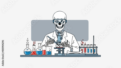 A striking illustration of a skeleton scientist wearing a lab coat and safety goggles, meticulously working with a microscope and various laboratory glassware.