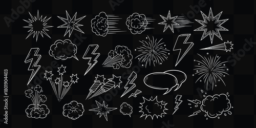 Dynamic comic style explosions, lightning bolts, and speech bubbles for energetic design elements