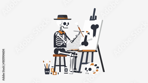 A stylized flat illustration depicts a skeleton artist wearing a fedora and a bow tie