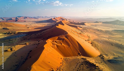 Fototapeta Naklejka Na Ścianę i Meble -  A vast desert landscape featuring dramatic, sun-drenched sand dunes stretching towards the horizon under a bright blue sky.