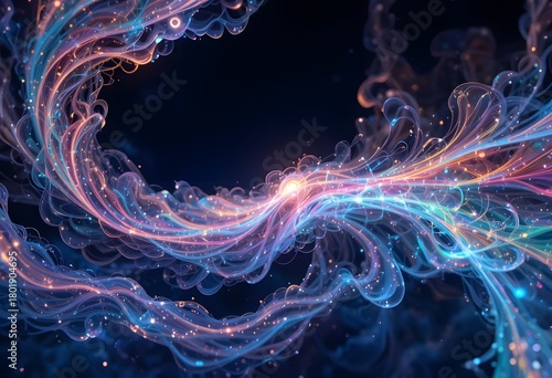 Luminous fractal curves floating in a dark dreamscape, iridescent glow, vibrant flowing patterns with futuristic energy