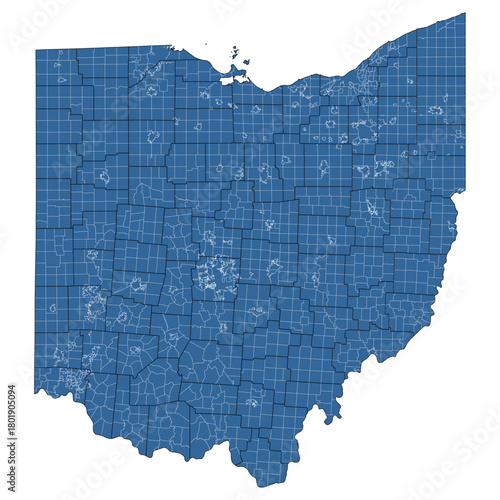 Vector outline map of Ohio state divided into counties and municipalities