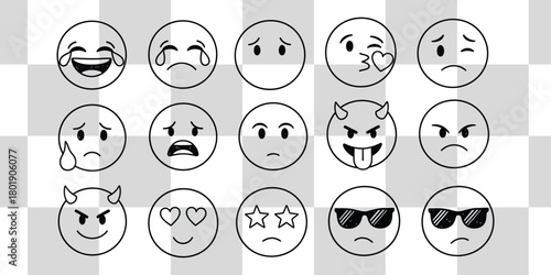 Expressive hand drawn emoticons capture diverse emotions from joy to anger and coolness