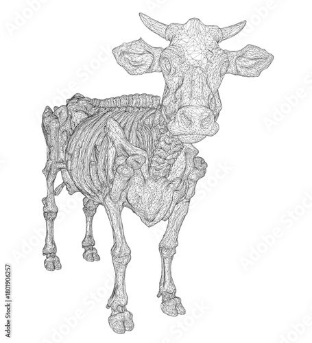 A terrifying zombie cow wireframe drawing in black and white, featuring detailed horns, shaded fur, and bent legs on a stark white background.