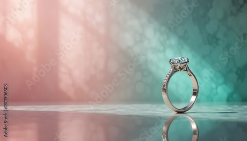 “Elegant Diamond Engagement Ring Standing on Reflective Surface with Soft Pink and Teal Lighting – Luxury Jewelry Photography for Bridal Collections, Romantic Proposals, Fine Accessories, and Wedding
