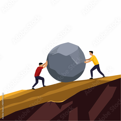 teamwork business concept. silhouette strong man - men helping pushing big rock up hill. life journey, risk destination.