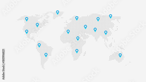 Minimal world map with blue location pins representing global connections and international network coverage