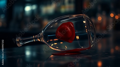 imprudence. An overturned wine glass with lipstick marks on a bar counter in moody lighting. bar promotions, beverage menus, designed for food & beverage menus and cafe branding.