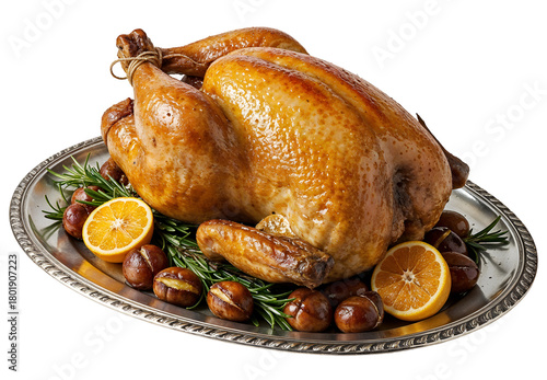 Chapon rôti — whole French roasted capon, isolated on transparent background, PNG