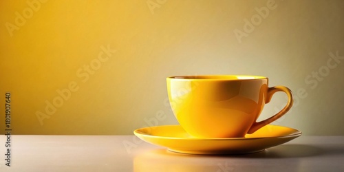 A vibrant yellow teacup and saucer set against a warm, golden backdrop, conveying a sense of calm and tranquility.