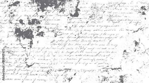 Faded grey handwritten script with ink splatters and smudges on white background texture handwriting