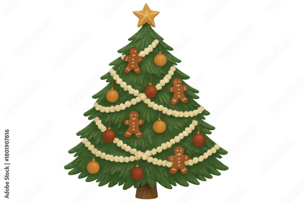 Obraz premium Christmas tree decorating with gingerbread men, ornaments, and star, representing holiday cheer and winter celebration on transparent