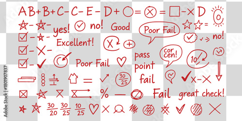 Hand drawn red checkmarks, crosses, stars, and feedback words for grading and assessment