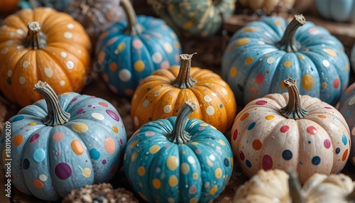 Colorful Hand-Painted Pumpkins Decorated with Bright Polka Dots in Shades of Blue, Orange, and Cream, Arranged in a Festive Autumn Display Perfect for Seasonal Crafts, Fall Decor, and Holiday
