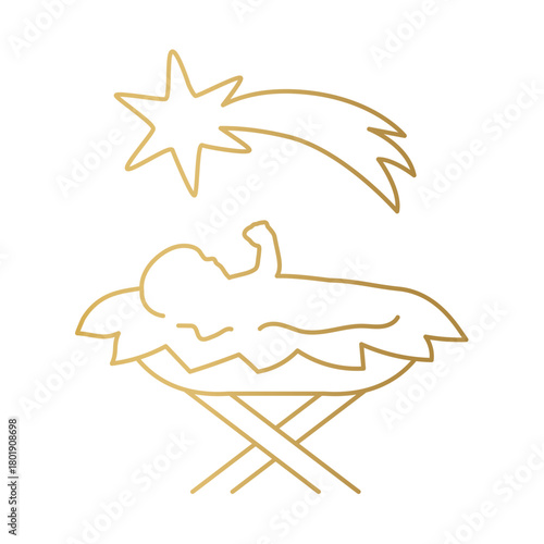 christmas nativity scene, Holy Night: manger with Baby Jesus and Star of Bethlehem golden icon- vector illustration