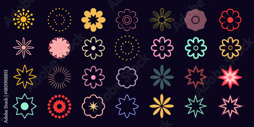 A collection of diverse stylized floral shapes and abstract geometric designs in various colors on a dark background