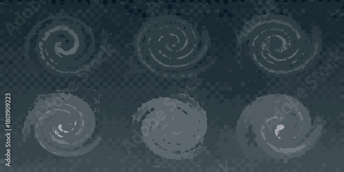 Six abstract dark blue swirling vortex shapes arranged in two rows on a checkered background