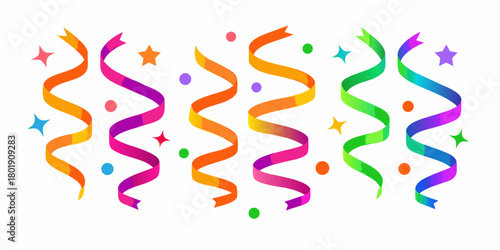 Colorful swirling party streamers and confetti with stars on white background