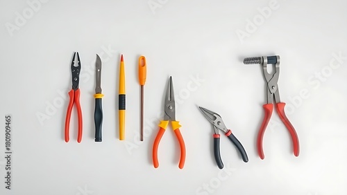 topdown. Insulated tools neatly arranged on white, showcasing simplicity and functional design. product launch decks, UI/UX mockups, designed for product launches and innovation pitches.