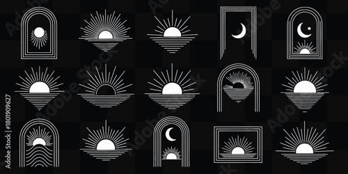 Modern minimalist sun and moon celestial line art icons for branding and design projects