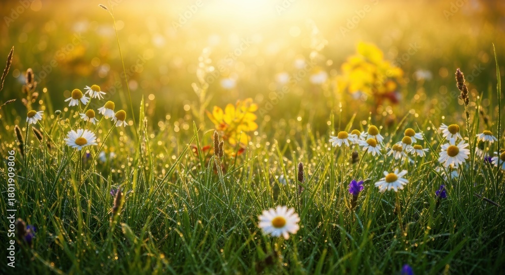 Fototapeta premium Dewy Daisies Bathed in Golden Sunrise Light, Daisy, Field, Meadow