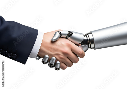 Human hand in suit shaking robotic arm with metallic fingers isolated on a transparent background handshake