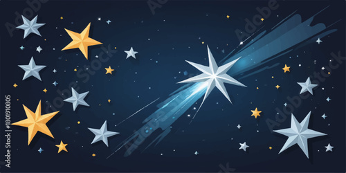 Starry night sky illustration with bright stars, galaxy, and light