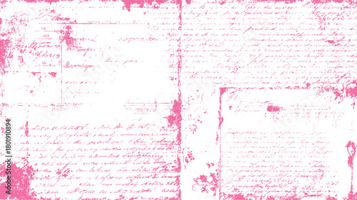 Pink distressed grunge overlay of faded handwritten script and textured paper elements vector