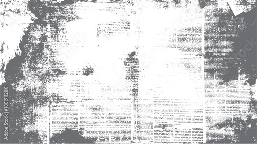 Grungy distressed vintage newspaper texture with faded text and ink splatters in shades of grey and white