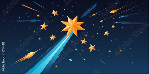Space rocket illustration flying through a seamless night sky pattern with bright stars and a blue moon