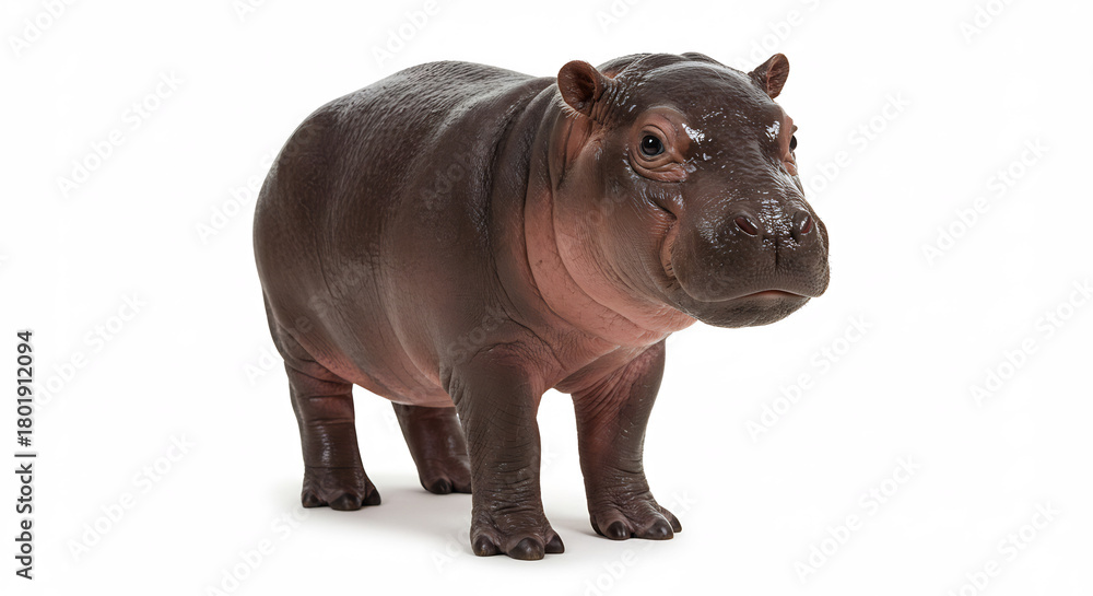Fototapeta premium Adorable baby hippopotamus toy stands upright on a bright white background with soft even studio lighting. AI Generated