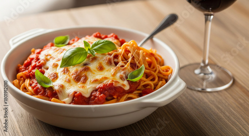 Pasta with tomato sauce and melted cheese