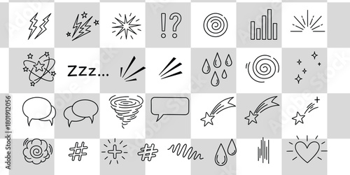 Dynamic collection of hand drawn icons representing various concepts like energy, communication, and weather