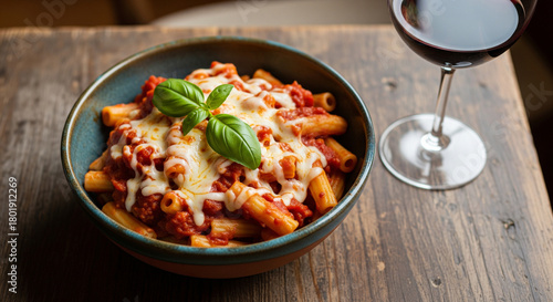 Pasta with tomato sauce and melted cheese