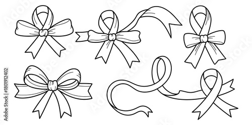 Collection of decorative ribbon bows in various styles, featuring intricate designs and flowing shapes, perfect for coloring pages and creative projects