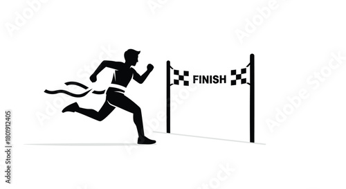Silhouette of a determined runner breaking through the finish line tape in a race