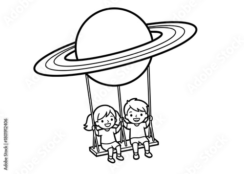 Two children happily swinging on a swing set under a large planet with rings, creating a whimsical scene ideal for coloring pages and imaginative play
