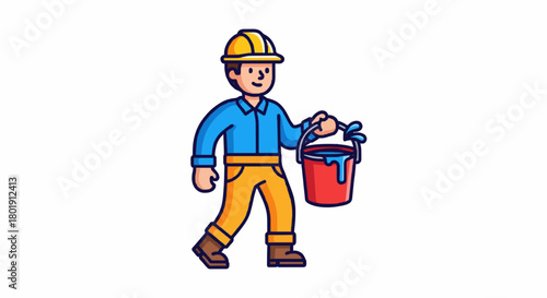 Cartoon construction worker carrying paint bucket flat vector.