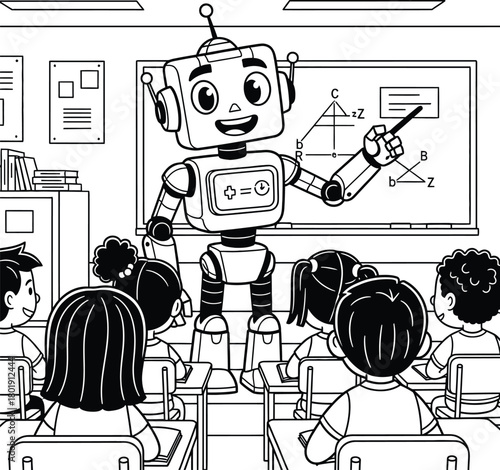 Happy robot teacher pointing at geometric shapes on a whiteboard, engaging a diverse group of elementary students in a modern classroom.