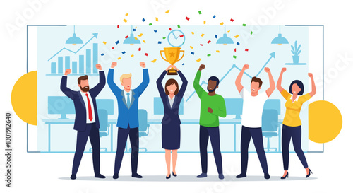 Teamwork Celebration Illustrative image of businesspeople celebrating success with a trophy and confetti