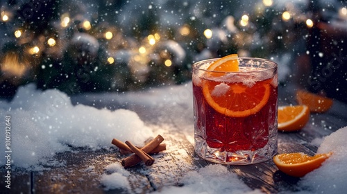 Fototapeta Naklejka Na Ścianę i Meble -  A glass of warm spiced cider with orange slices and cinnamon sticks, placed on a snowy wooden table with holiday garlands .
